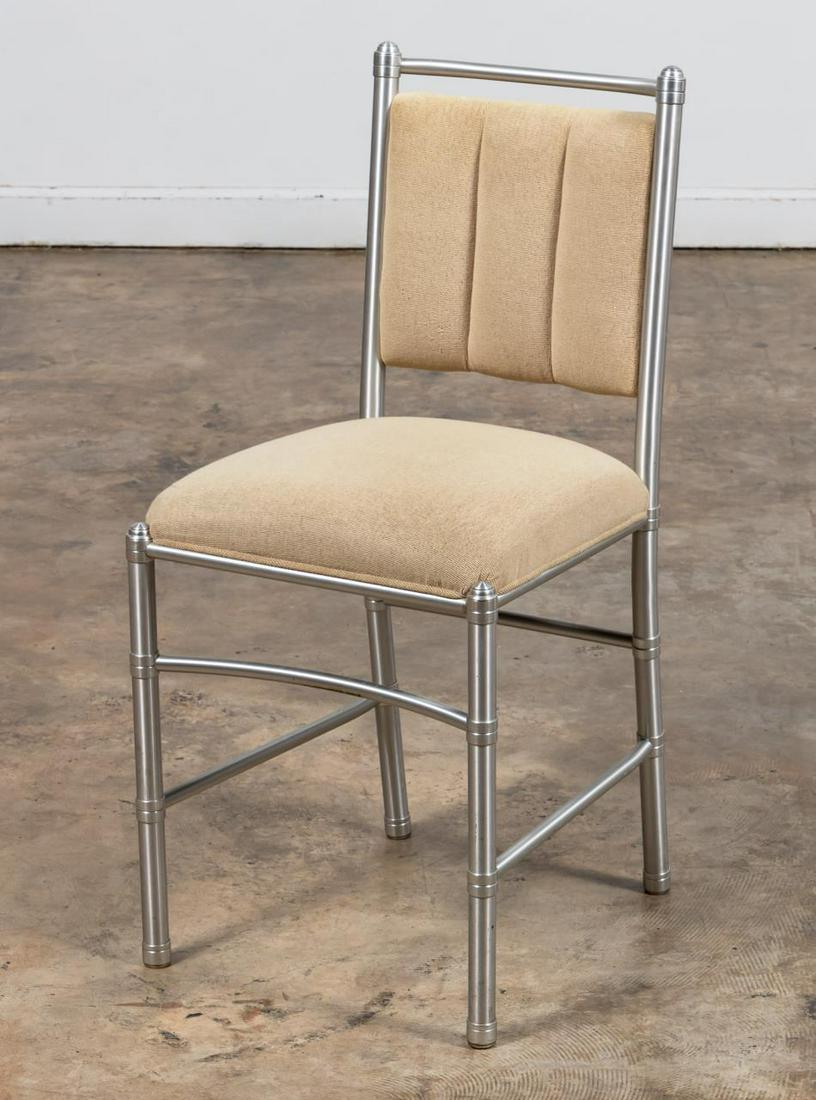 WARREN MCARTHUR C. 1935 MODERN ALUMINUM SIDE CHAIR: Warren McArthur (American, 1885-1961), circa 1935. Upholstered side chair with anodized aluminum frame and beige upholstery. Signed with manufacturer's decal mark to stretcher:Approx. h. 33.5", w. 15.