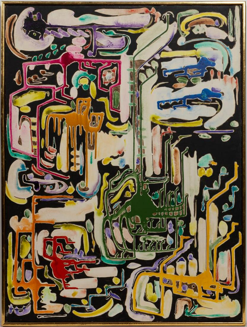 WENDY LEHMAN, ABSTRACT PAINTING ON CANVAS - 1965: Wendy Vanderbilt Lehman (American, 1944-2016). "Abstraction" -1965, acrylic on canvas. Signed and dated verso. Approx. 41" x 31" (framed), 40" x 30" (canvas). Provenance: Deaccession from the Mobile M