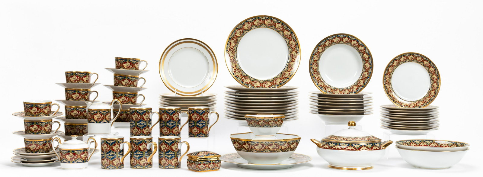 CHRISTIAN DIOR, 82PC CHINA SET, TABRIZ & GAUDRON: Christian Dior, 20th century. Eighty two piece porcelain dinner service in two patterns, Tabriz and Gaudron. Tabriz pattern comprising of thirteen dinner plates (diam. 10.75"), eleven salad plates (di