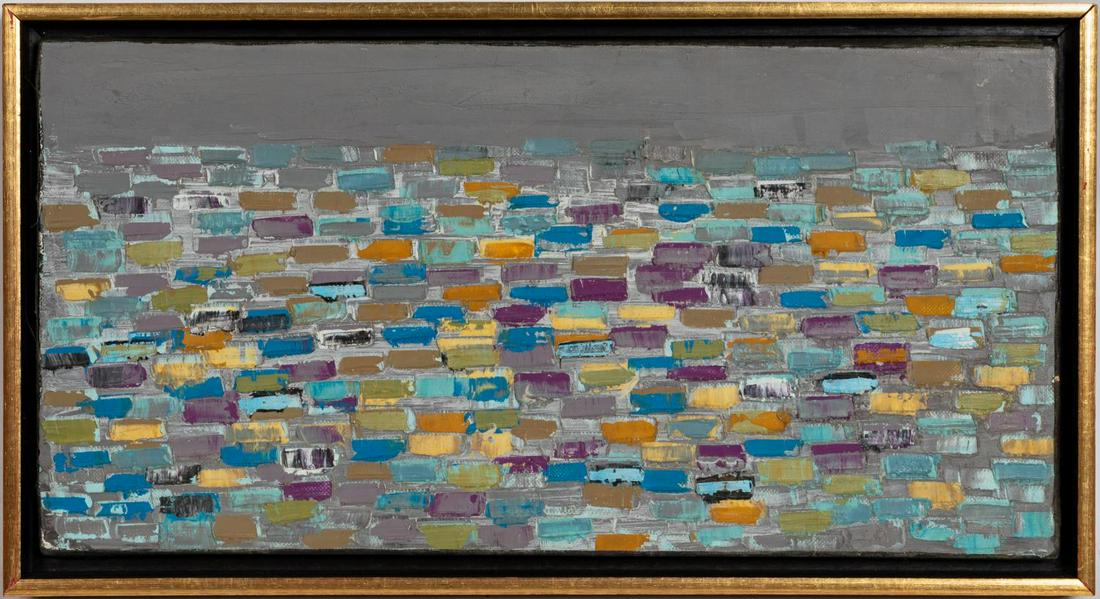 PIERRE MANTRA, ABSTRACT OIL ON CANVAS: Pierre Mantra (French, b. 1935-). "Abstraction" -1981, oil on canvas. Signed and dated verso. Approx. 9.25" x 16.5" (framed), 8" x 16" (canvas). Provenance: Deaccession from the Mobile Museum of Art i
