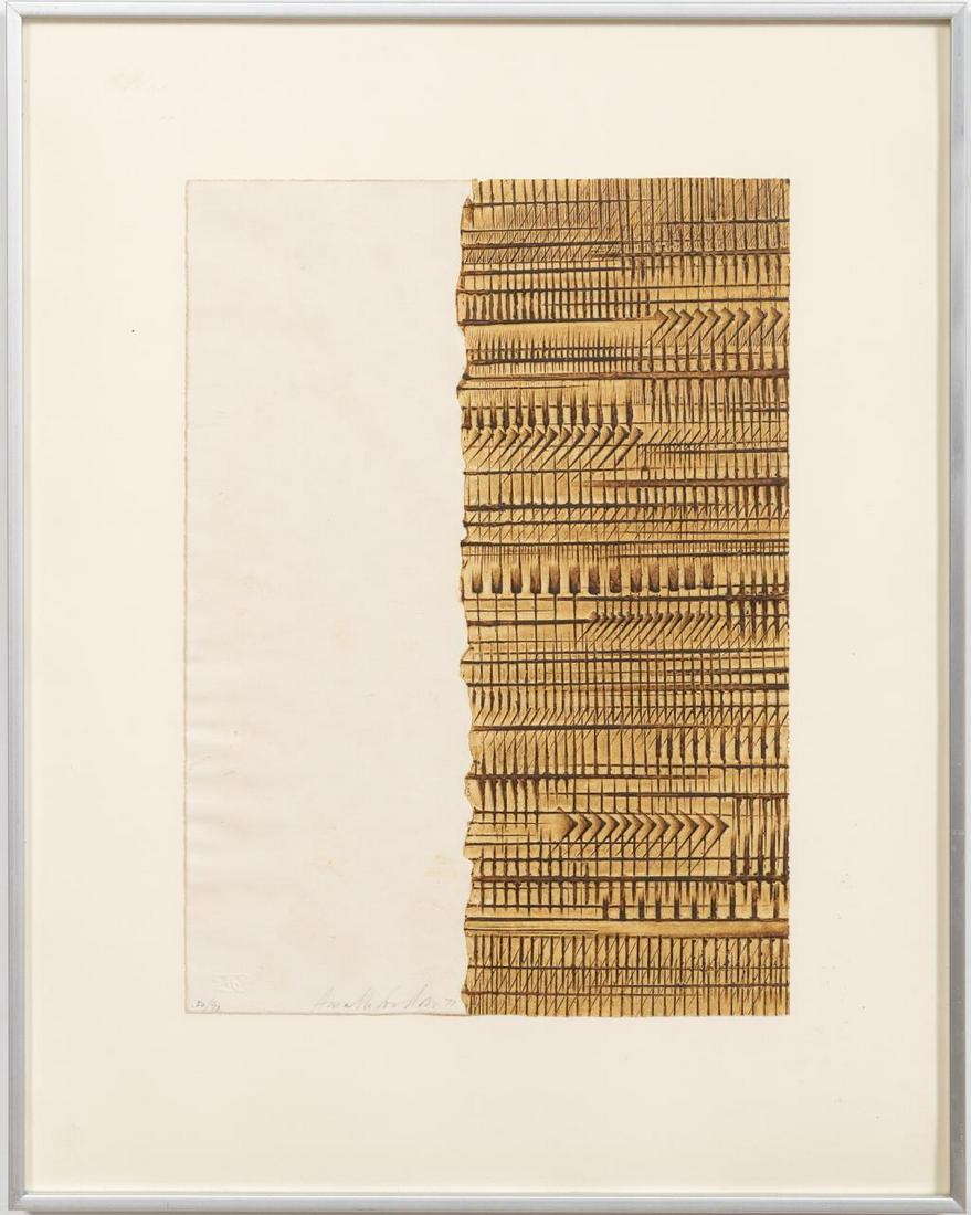 1977 ARNALDO POMODORO, ABSTRACT ETCHING ON PAPER: Arnaldo Pomodoro (Italian/California, b 1926). "Abstract" -1977, etching on paper. Signed, dated and numbered 50/90 lower margin.Approx. 19.5" x 15.5" (framed), 13.5" x 9.75" (sheet)