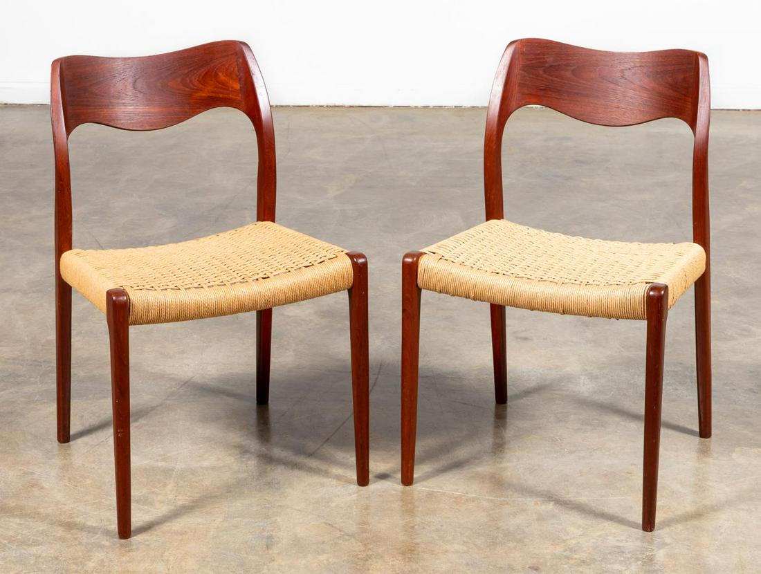 PAIR, J.L. MOLLER MID CENTURY MODERN SIDE CHAIRS: Hovnamd Olsen for J. L. Moller (Danish), mid 20th century. Pair of MCM teak side chairs having contoured back and rush / cord seat. Model 71. Made in Denmark mark to underside.Approx. h. 31", w. 19.25