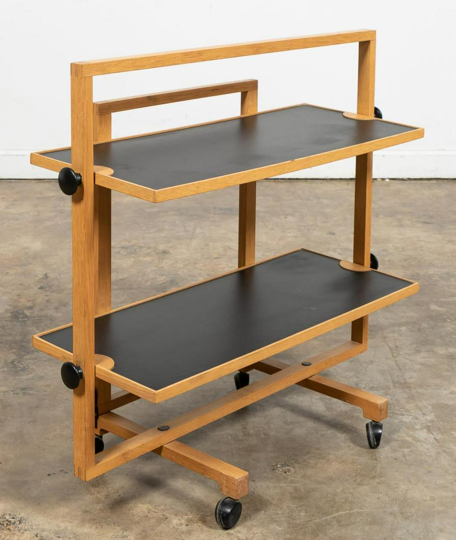 DANISH MCM STYLE FOLDING BAR CART: American or Danish, late 20th century. Mid Century Modern style collapsible light oak bar cart with black lined drawers. Apparently unmarked.Approx. h. 31.5", w. 33.5", d. 14.75".
