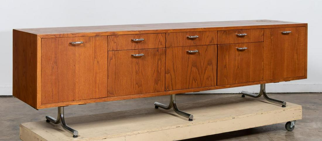 MID CENTURY MODERN CHROME LEG OFFICE CREDENZA: American or Danish, mid 20th century. Mid Century Modern office credenza with chrome legs. Apparently unmarked.Approx. h. 26", w. 90", d. 20".