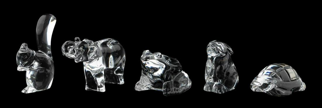 FIVE BACCARAT CRYSTAL ANIMAL FIGURINES: French, Late 20th Century. Five French crystal animal figures, comprising of a squirrel (h. 4.5"), turtle (h. 2.5"), frog (h. 2.625", elephant (h. 3.5") and a rabbit (h. 3.25"). All with signed bases.