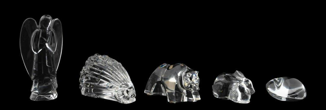 FIVE, BACCARAT CRYSTAL PAPERWEIGHT FIGURINES: Baccarat, contemporary. A grouping of five crystal paperweights including an angel (h. 6.25"), a bear (h. 3"), a heart hand cooler (h. 3"), a rabbit (h. 2.25") and a porcupine (h. 3"). Each marked to 