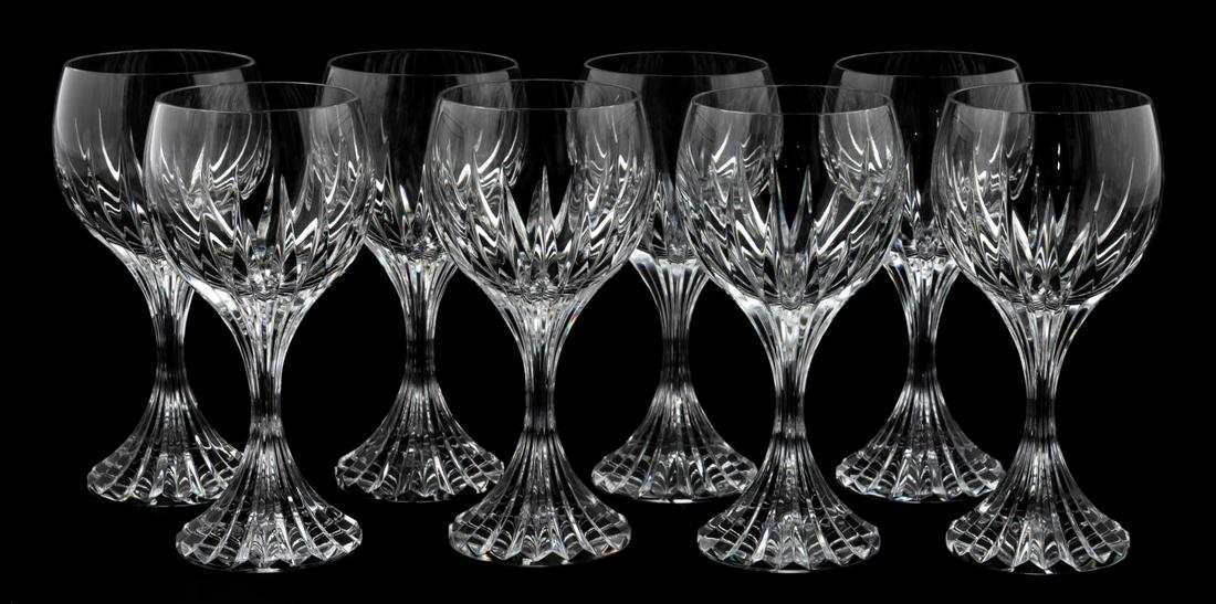 SET, 8 BACCARAT "MASSENA" CLARET WINE GLASSES: Baccarat, contemporary. A set of eight "Massena" pattern claret wine glasses. Each marked "Baccarat" to underside.Approx: h. 6.5", w. 2.75" (rim).