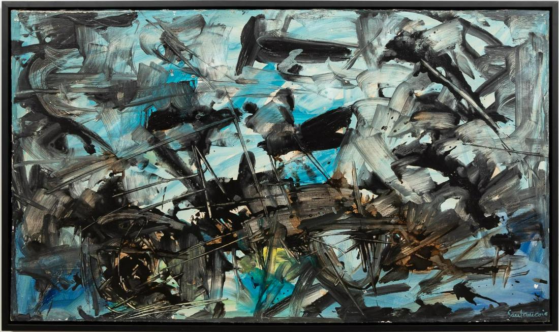 RICARDO SANTAMARIA, ABSTRACT OIL ON CANVAS, FRAMED: Ricardo Santamaria (Spanish, b 1920). "Abstract", oil on canvas. Signed lower right.Approx. 27.75" x 46.75" (framed), 26" x 45" (canvas)