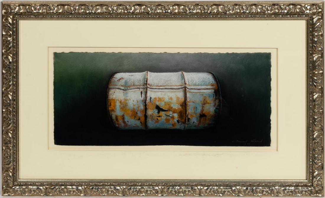 CLAUDE BAURET ALLARD, PASTEL, FRAMED: Claude Bauret Allard (French, b 1936). "Barrel No. 2" -1999, pastel on paper. Framed and dated lower right.Approx. 17.5" x 28.5" (framed), 8.25" x 19"