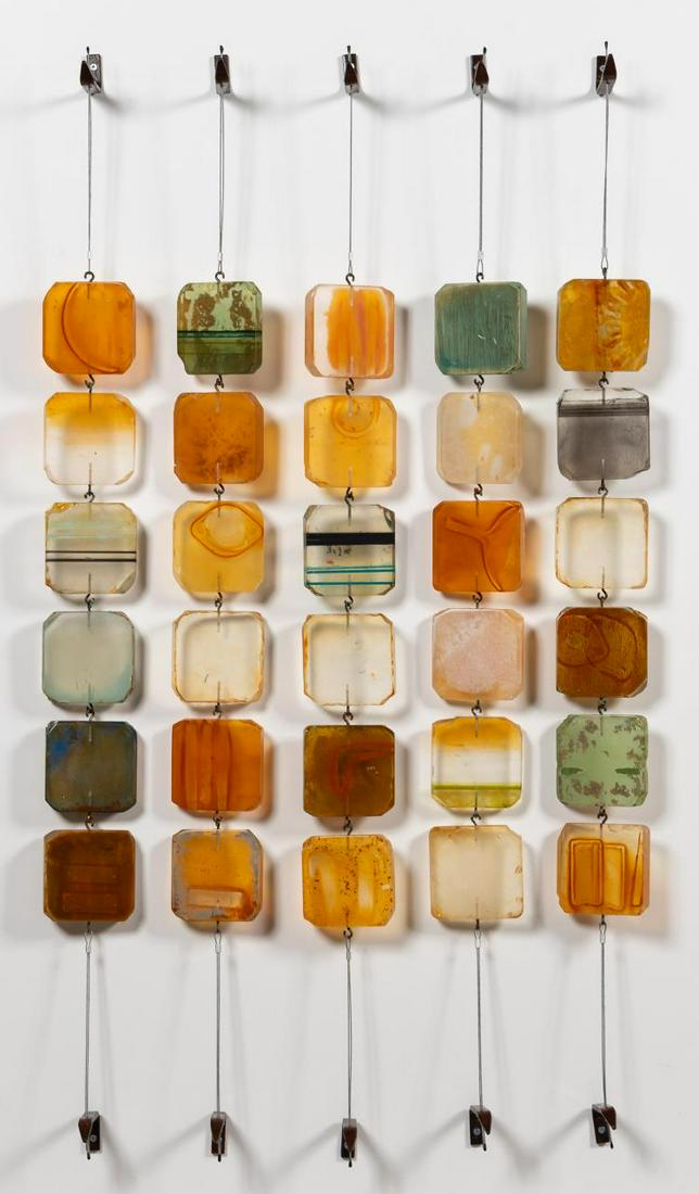 CARRIE MCGEE, MIXED MEDIA WALL SCULPTURE, c. 2003: Carrie McGee (American/Tennessee, b. 1954). "Five Strands" -c. 2001-2003, mixed media on acrylic panels suspended on wire, with metal hanging apparatus. Apparently unsigned.Approx. h. 51" w. 28" d. 4.