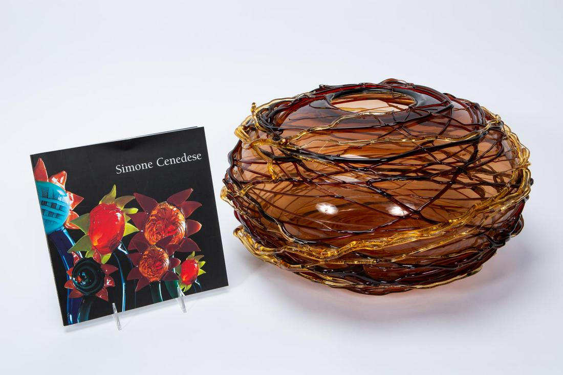 SIMONE CENEDESE ITALIAN MURANO ART GLASS BOWL: Simone Cenedese (Italian, b. 1973- ). "Coppa Twist" Grande - 20th century, glass, signed to underside and having "Cendese" sticker. Murano blown glass bowl with yellow and amber glass threading to ext