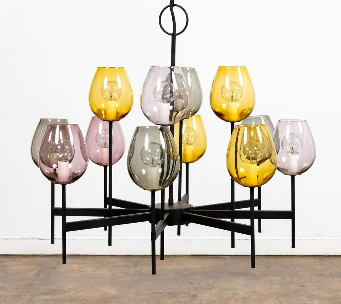 LIGHTOLIER MCM CHANDELIER COLORED GLASS, #5028: Lightolier (American), circa 1966. Mid Century Modern chandelier having colored glass bowl form bobeches in amber, smoke and amethyst on matte black metal frame. Model number 5028. Marked to canopy, m