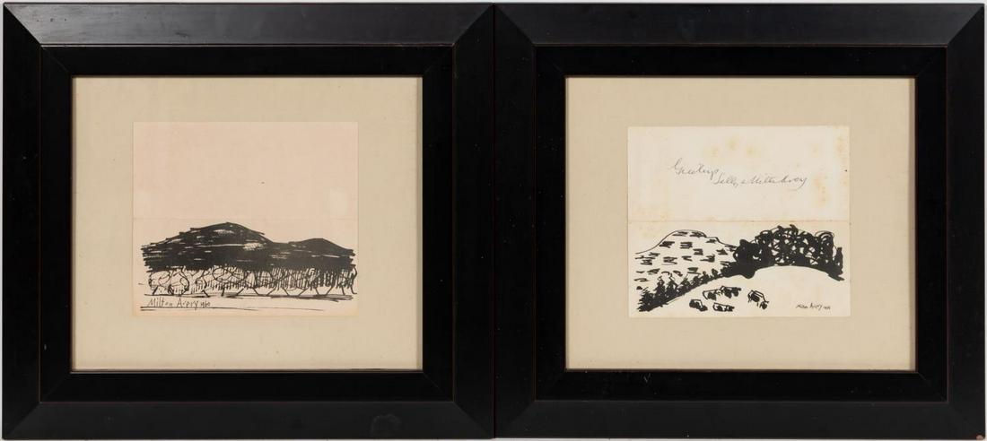MILTON AVERY SIGNED GREETING CARDS: Milton Avery (American/New York, 1885-1965). Two framed greeting cards after Avery 1959 and 1960 drawings, inscribed from Avery and his wife.Approx. 17" x 19" (framed, each), 7.5" x 8.75" and 7.5" x 8