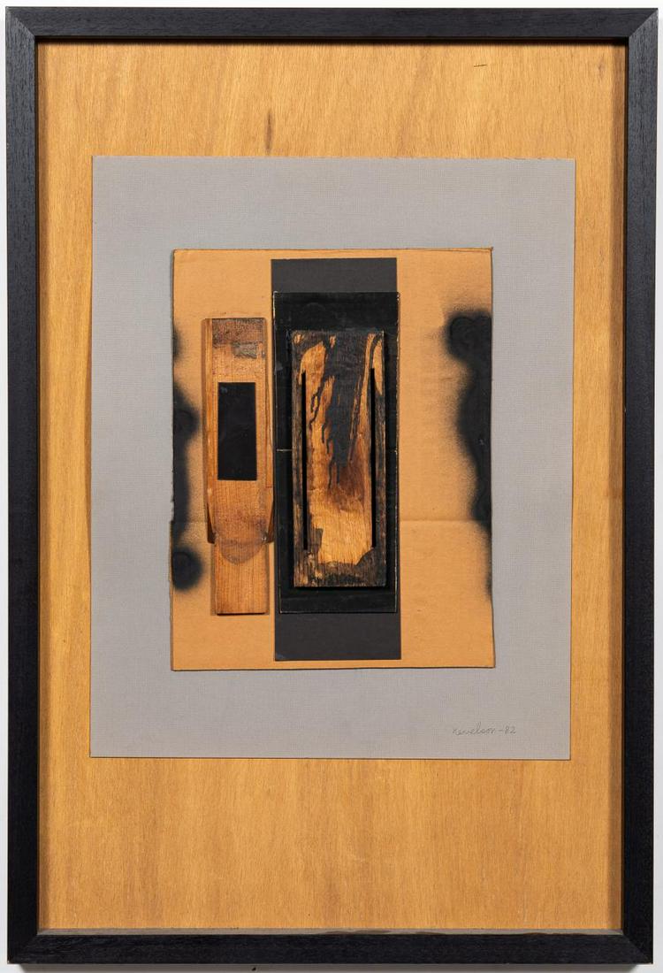 LOUISE NEVELSON "UNTITLED" MIXED MEDIA, 1982: Louise Nevelson (American, 1899-1988). "Untitled" - 1982, mixed media on mat board, signed and dated lower right. Painted wood assemblage. Fay Gold gallery label to back of frame.Approx. 31.5" x 21.5"