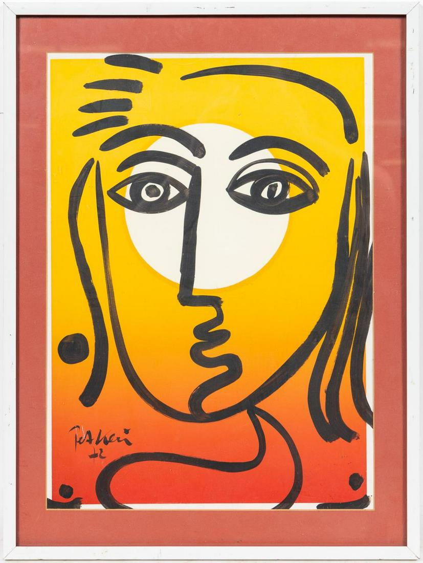 PETER KEIL, "MOON LADY" MIXED MEDIA ABSTRACT: Peter Robert Keil (Polish, born 1942). "Moon Lady" - 1972, oil over lithograph painting, signed to lower left "Peter Keil, 72" and titled to verso. Approx. 19.5" x 14" (image), 23.75" x 17.75" (frame)