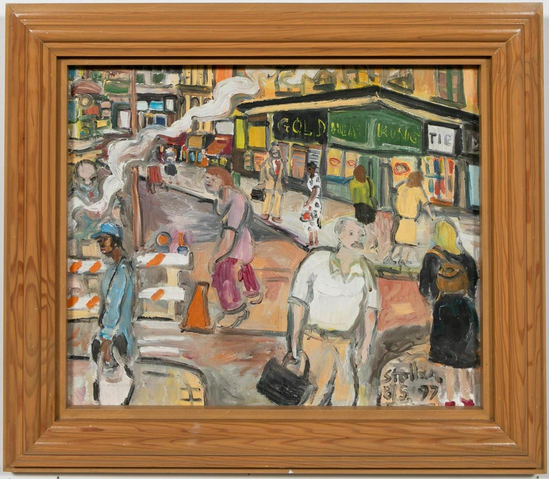 STEPHEN STOLLER "JOHN ST & NASSAU ST" OIL PAINTING: Stephen Stoller (American, b. 1945). "John St & Nassau St, New York City" - August 5th 1997, oil on canvas, signed to lower right "Stoller, 8/5, 97". New York City street view depicting the busy envir