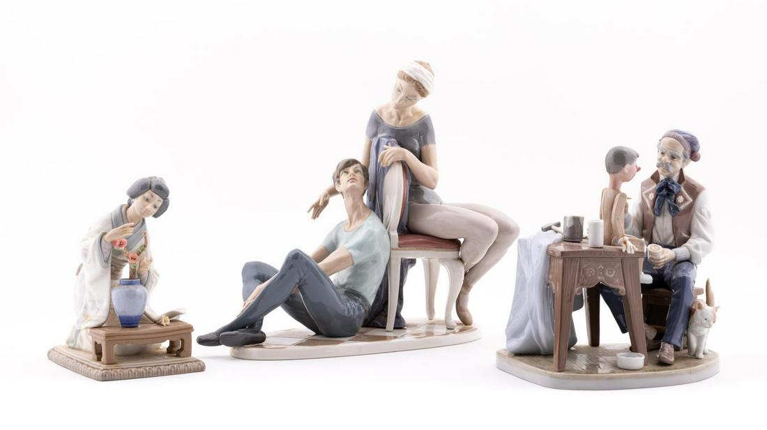 COLLECTION OF THREE LLADRO PORCELAIN FIGURINES: Lladro (Spanish, founded 1953). Group of three Lladro porcelain figurines including "Puppet Painter (Geppetto and Pinnochio)" , "Japanese Girl Decorating", and "Dancers Resting". Each marked "Lladro, 