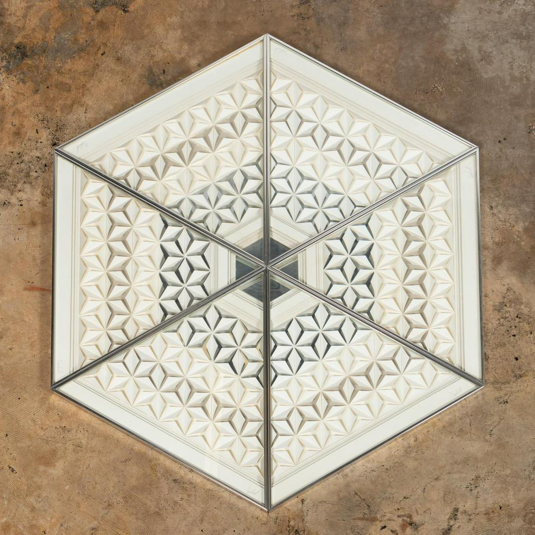 GREG COPELAND, OP ART WALL SCULPTURES, SERIES OF 6: Greg Copeland (American, 20th c). Six layered and cut cardstock wall sculptures, each backed with a mirror and presented in triangular frames. Each pencil signed.Approx. 21" x 24.25" (each)