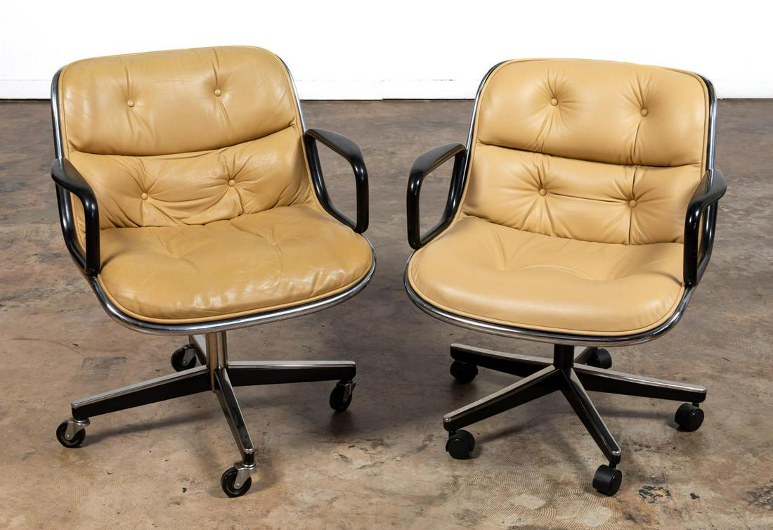 PAIR, MCM CHARLES POLLOCK EXECUTIVE CHAIRS: Charles Pollock (American) for Knoll, second half 20th century. Pair of Mid Century Modern "Executive” armchairs with tan button tufted leather upholstery. Both have Knoll stickers to underside.Appr