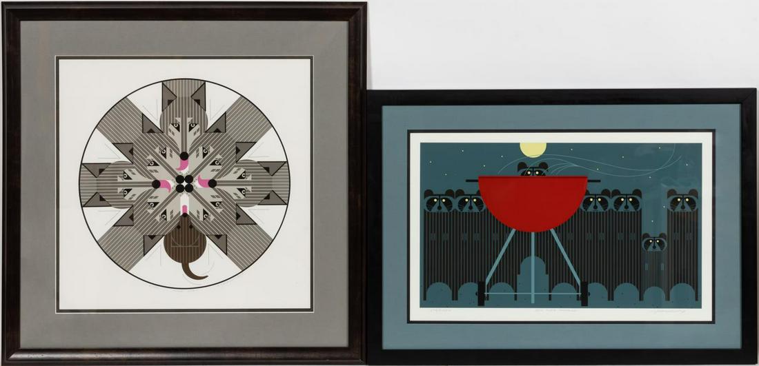2 HARPER SERIGRAPHS; BIG RAC ATTACK & PACK PACT: Charley Harper (American, 1922-2007). Two serigraphs comprising of "Big Rac Attack" - 1988, pencil signed, titled, and numbered 586/1000 on lower margin; "Pack Pact" - 1993, pencil signed, titled, and