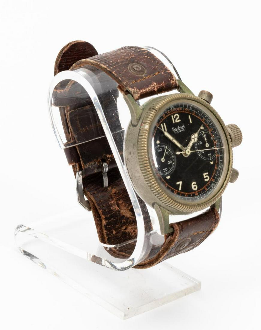 HANHART WWII AIRFORCE CHRONOGRAPH WATCH c.1940: Hanhart, circa 1940. A Luftwaffe model German WW2 pilot's flyback chronograph wrist watch with double sub dial and 17 jewel manual winding movement. Marked "Hanhart, 17 Steine to face" and "Bodenedeis