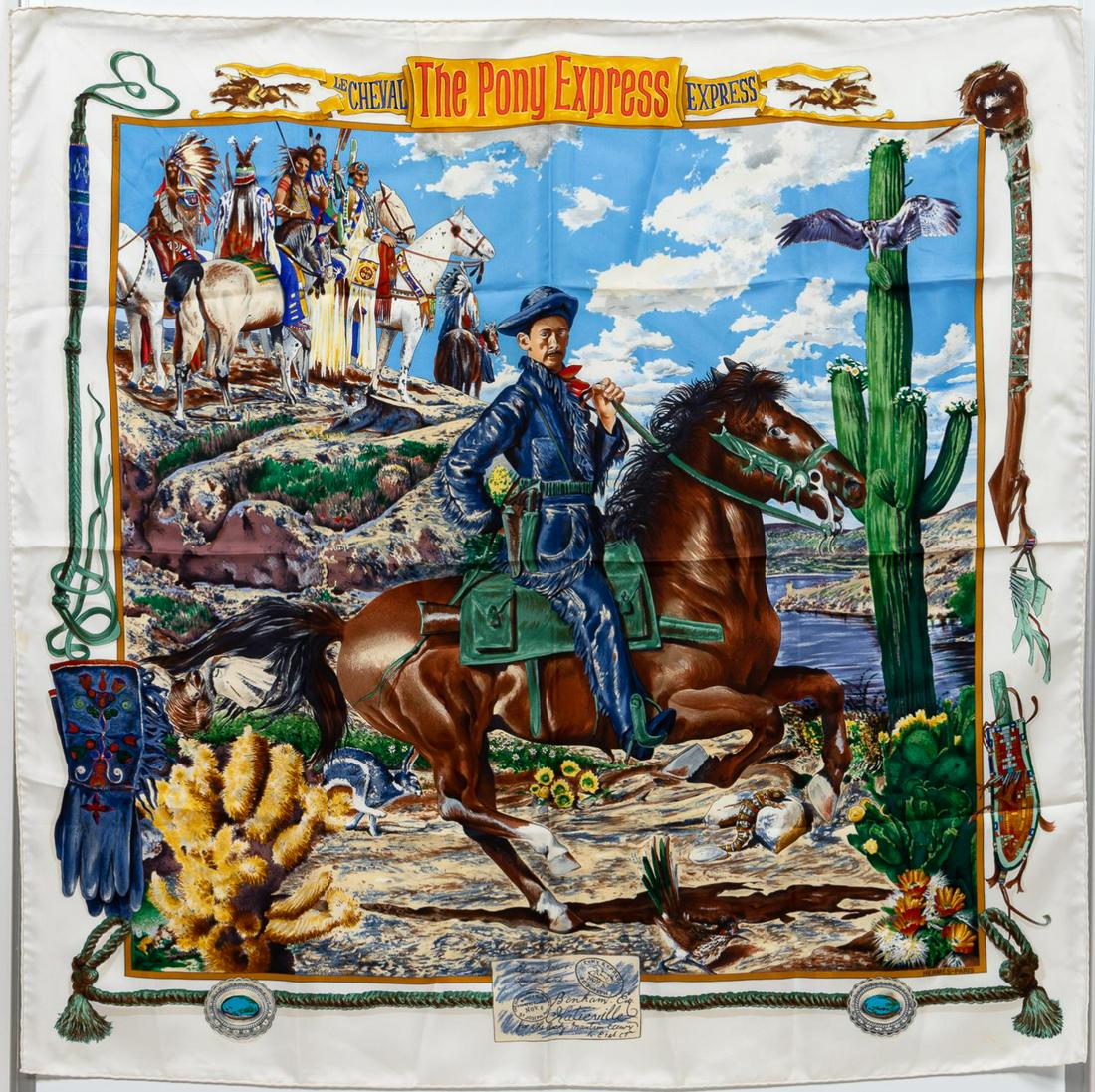 HERMES WHITE SILK "LE CHEVAL EXPRESS" SCARF: Hermes (French), 20th century. A "Pony Express" silk scarf on white background and having hand rolled edges. Designed by Kermit Oliver for Maison Hermes circa 1993.Approx. 35" x 35".