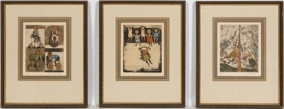 THREE GRACIELA RODO BOULANGER ETCHINGS: Graciela Rodo Boulanger (Bolivian/France, b. 1935). Three framed color etchings of children playing and biking. Each pencil signed and numbered from editions of 150 in lower margin. Framed as a set.Ea