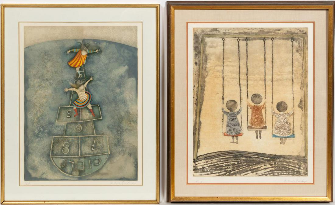 2 COLOR ETCHINGS BY GRACIELA RODO BOULANGER: Graciela Rodo Boulanger (Bolivian/France, b 1935). "Children Playing Hopscotch" and "Children Swinging", color etchings. Each pencil signed and editioned E.A and 121/185 in lower margin.Largest approx