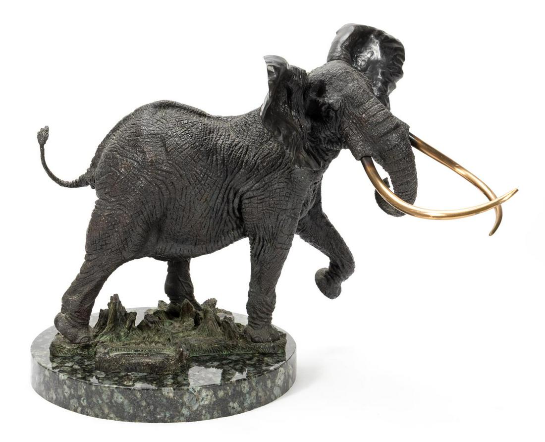 DANIEL DE JAGER , ELEPHANT BRONZE 60/100: Daniel Jacobus De Jager (South African, 1936-2003). "Shawu, One of the Magnificent Seven" -1989. Bronze on round marble base. Signed and numbered 60/100.Approx. h 19" w 23.5 d 16" (overall)