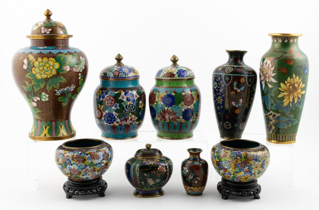 20TH CENTURY, 9 CLOISONNE JARS & VASES: Chinese/Japanese, 20th century. Nine assorted cloisonne enamel vases and jars having floral and butterfly designs including; lidded baluster form (h. 10.75", dia. 6"), bluster form (h. 9", dia. 3.75")