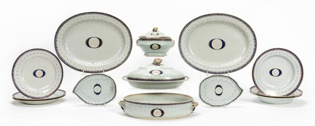 13PC CHINESE EXPORT PORCELAIN COBALT CHINA SET: Chinese, 18th century. Thirteen piece export porcelain dining set in cobalt blue and white with oval center medallion and DD monogram. Comprising of two oval platters (w. 14"), one oval tureen (h. 5",