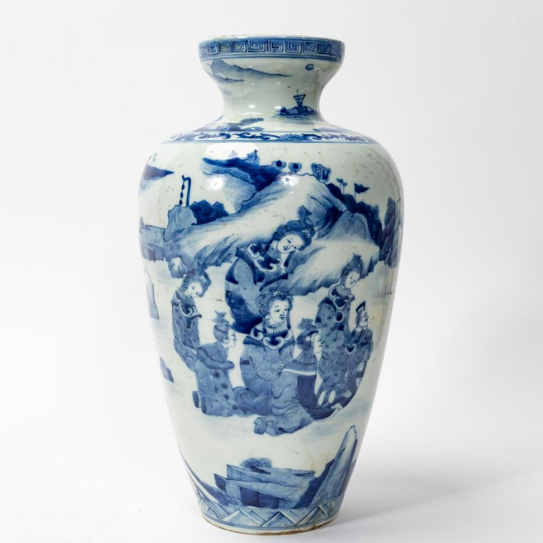 CHINESE PORCELAIN SCHOLAR VASE, GUANGXU MARK: Chinese. A large blue and white Meiping style vase with scholar, landscape motifs, and a meandering key border. Underside bearing a six character mark.Approx: h. 16.5", w. 9.5"
