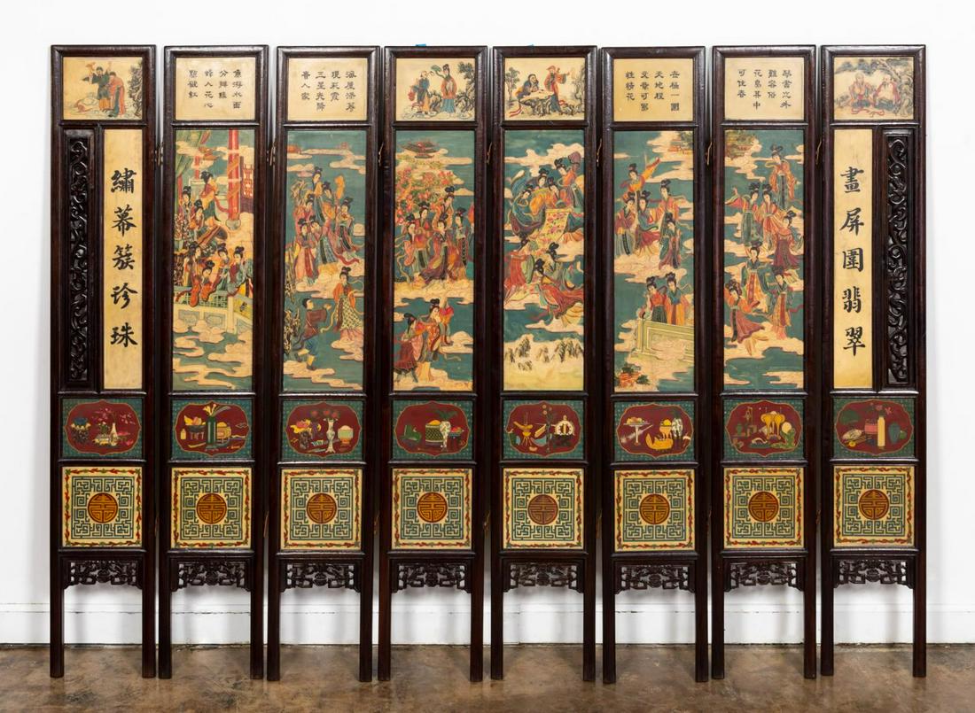 8 PANEL CHINESE WOOD & HAND PAINTED SCREEN: Chinese. Eight panel wood screen with white stone insets having figural scenes, character inscriptions and bird and landscape scenes. Apparently unsigned. Approx. h. 66.25", w. 11".