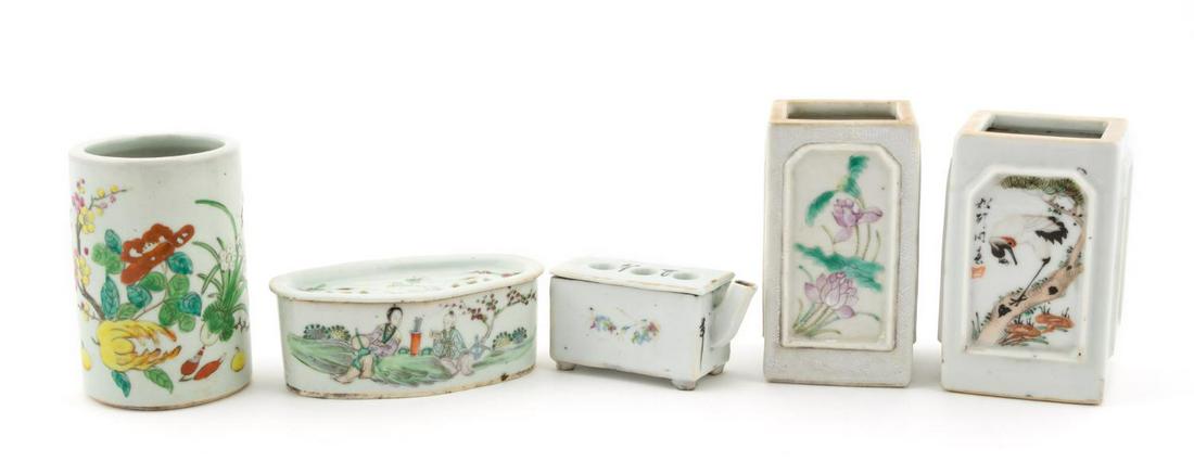 GROUP OF FIVE CHINESE PORCELAIN DECORATIVE OBJECTS: Chinese. Group of five porcelain decorative items comprising two square brush pots, cylindrical brush pot, covered box and a cricket box. Some marked.Approx. h. 4.75" (tallest).