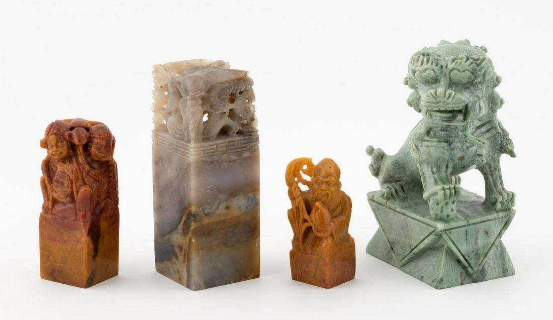4PCS, CARVED CHINESE SEALS, DRAGONS & FIGURES: Chinese. Group of carved figural and dragon seals, testing as nephrite. Apparently unmarked.Approx. h. 4.625" (tallest), h. 3.5" (smallest).