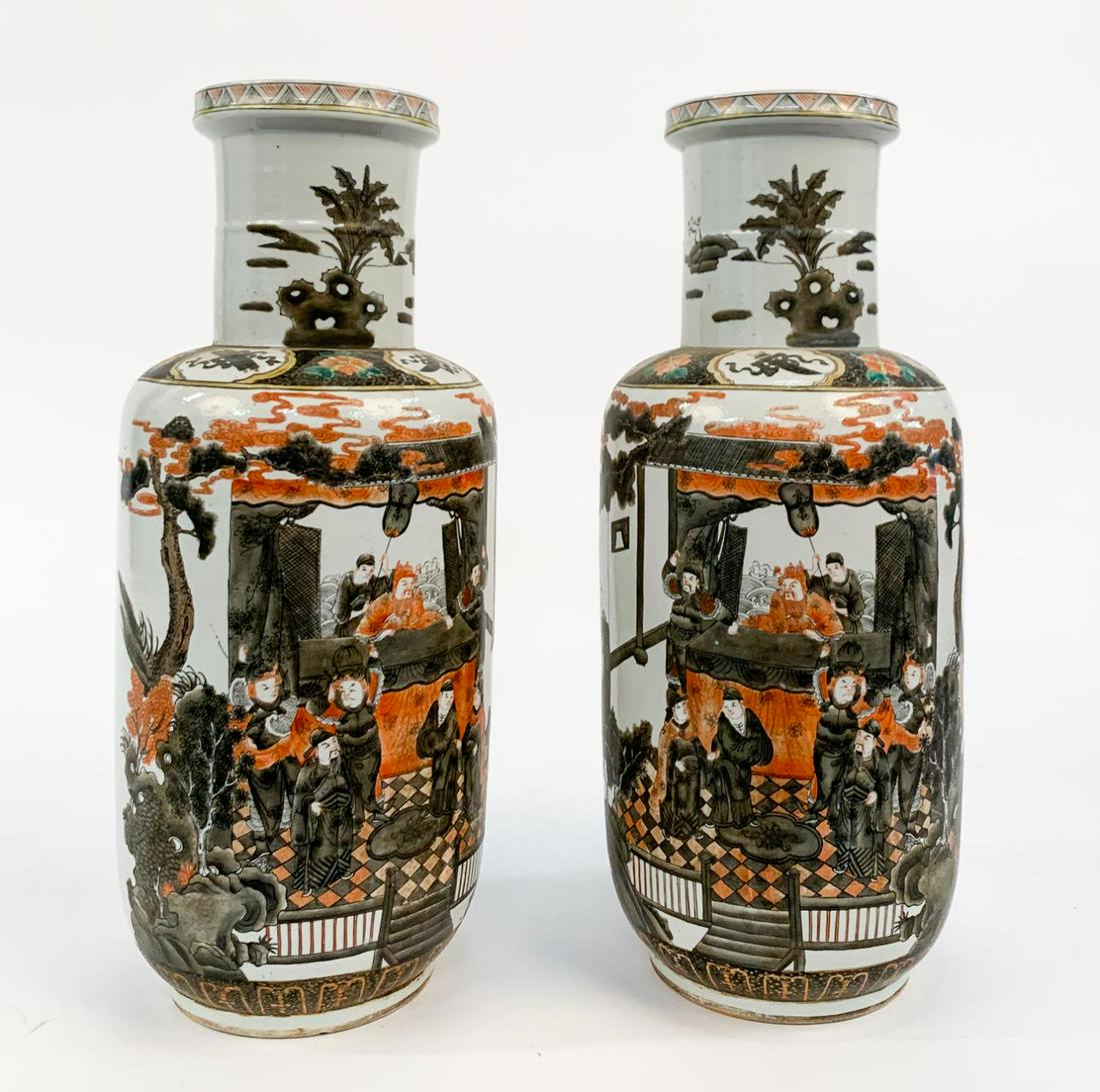 PAIR, CHINESE QING STYLE FIGURAL LANDSCAPE VASES: Chinese. Qing style famille rose porcelain bangchuiping or rouleau vase having a ringed neck, shoulders decorated with Buddhist symbols and decorated male figures in a domestic landscape. Unmarked.App