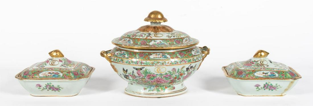 3PC CHINESE FAMILLE ROSE PORCELAIN SERVING PIECES: Chinese. Group of three famille rose porcelain pieces with bird, butterfly, and floral motif; all having gilt accents. Comprising of one lidded tureen, and two lidded vegetable dishes. Apparently unma