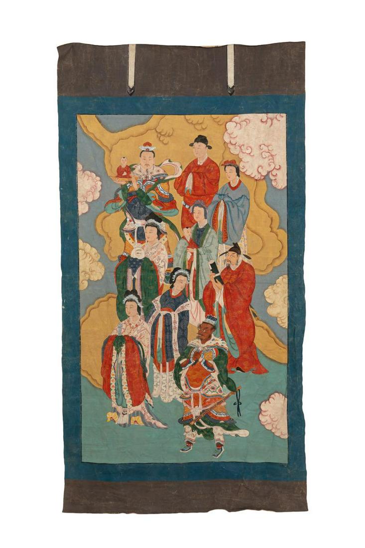 CHINESE QING STYLE FIGURAL PAINTING ON LINEN: Chinese School. Figural scene with mythical figures - Qing style, tempera on linen, apparently unsigned. Unframed and unstretched painting depicting multiple mythical figures set against a cloudy back