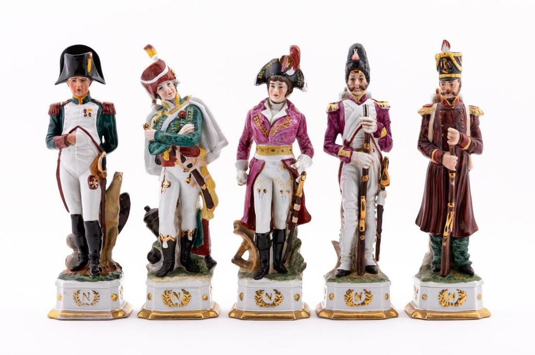 5 CAPODIMONTE NAPOLEONIC PORCELAIN SOLDIERS: Capodimonte (Italian), second half 20th century. Group of five Napoleonic Soldier porcelain figurines in military uniforms. Four marked to underside "Di Pietro Capodimonte".
