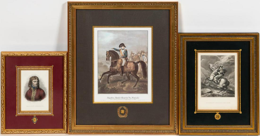 THREE CONTINENTAL NAPOLEONIC PRINTS, FRAMED: Continental school, 19th/early 20th century. Three images of Napoleon, engravings on paper. Elaborately framed with fabric mats and gold filets.Largest approx. 20" x 16.5" (framed), 11.5" x 8.5" (sigh