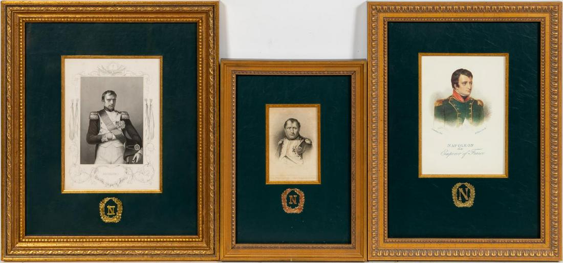 THREE NAPOLEON ENGRAVINGS, FRAMED AS A SET: Continental school, 19th/early 20th century. Three images of Napoleon, engravings on paper. Each titled and described in lower margin; framed alike with green leather mats, similar gold frames, and go