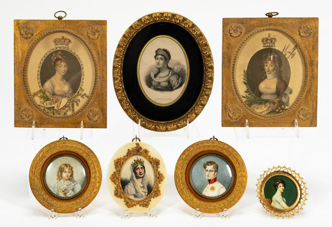 COLLECTION OF MINIATURE PORTRAITS, NAPOLEONIC: Continental school, 19th century. "Young Officer" and "Young Boy", watercolors on paper in round matching frames; together with five miniature framed prints of French noblewomen including Josephine. F