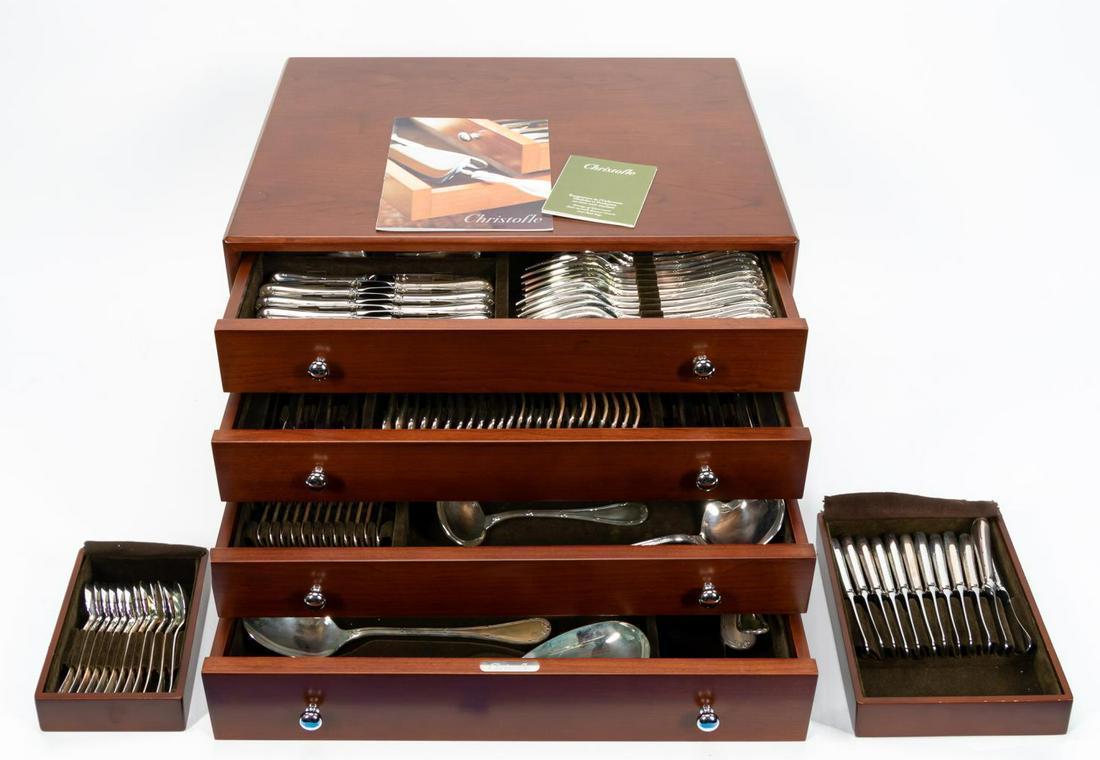 192 PC CHRISTOFLE "RUBANS" FLATWARE SERVICE FOR 12: Christofle, 20th century. A large 192 piece "Rubans" pattern flatware service for twelve including 12 dessert or oval soup spoons (6.75"), 12 dessert forks (6.75"), 12 individual fish forks (7"), 12 d