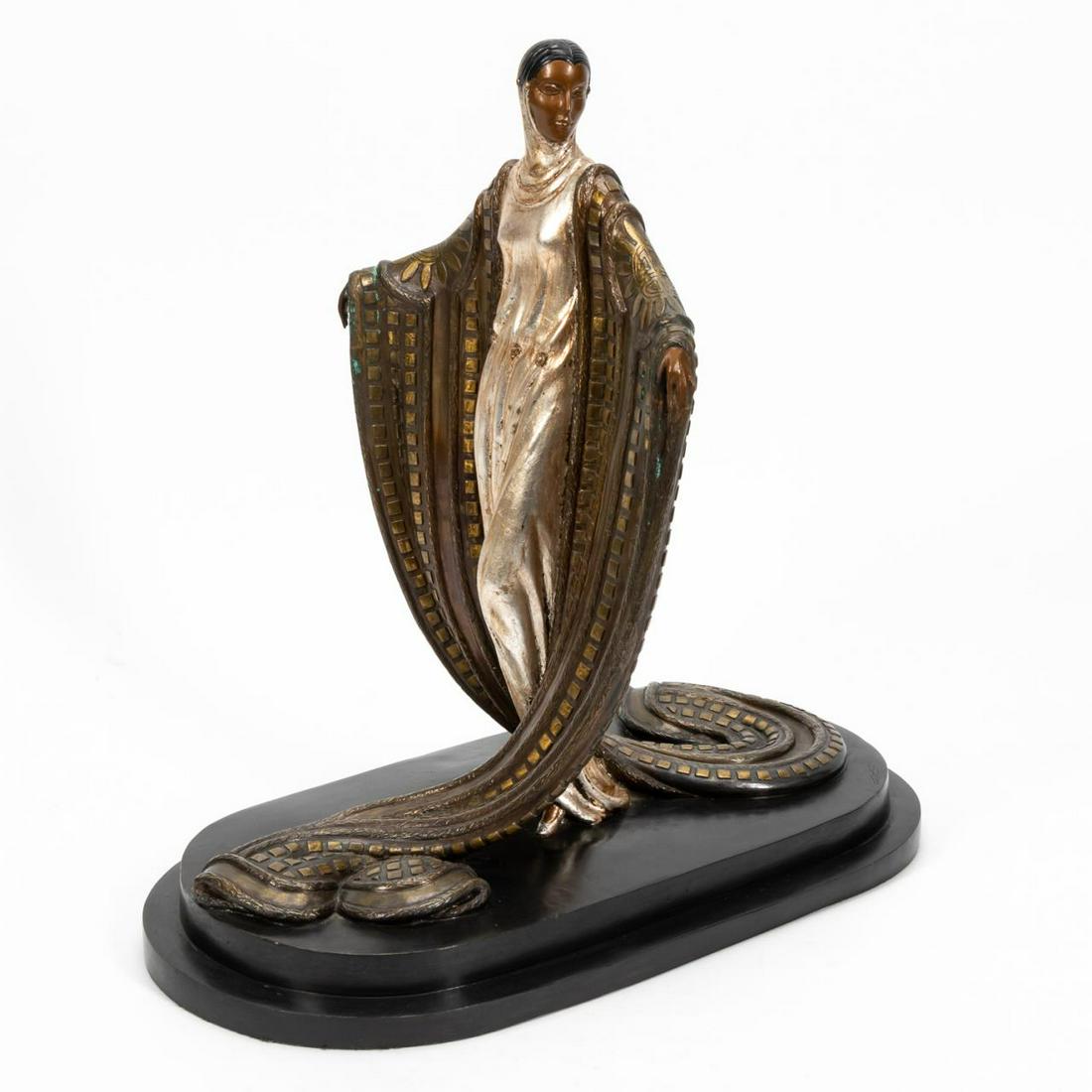 ERTE BRONZE SCULPTURE, LA MYSTERIEUSE, 1980: Erte (French / Russian, 1892-1990). "La Mysterieuse" -1980, patinated bronze female figure. Marked and numbered on back of base "52/250 Rkp Int. Corp. 1980" and signed on back left corner of base.Appr