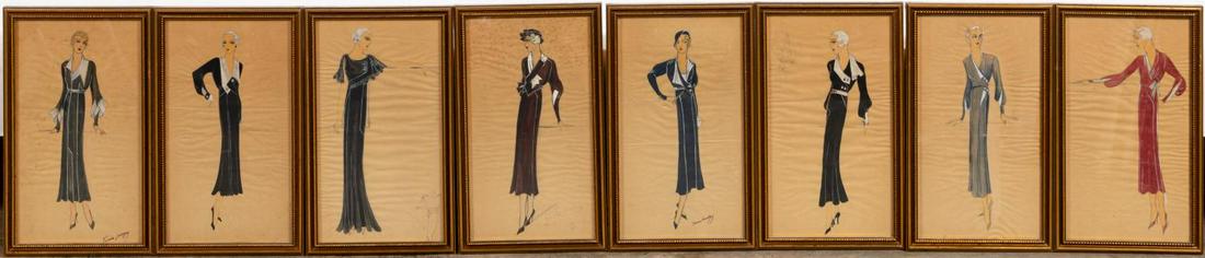 SET OF 8, ART DECO FASHION DESIGNS, FRANCE LUDGEY: France Jeanne Ludgey (French/New York, 1902-1984). Set of 8 framed art deco fashion designs, mixed media on paper. Two signed "France Ludgey", framed alike.Each 11.25" x 6.75" (framed), 10.25" x 5.75"