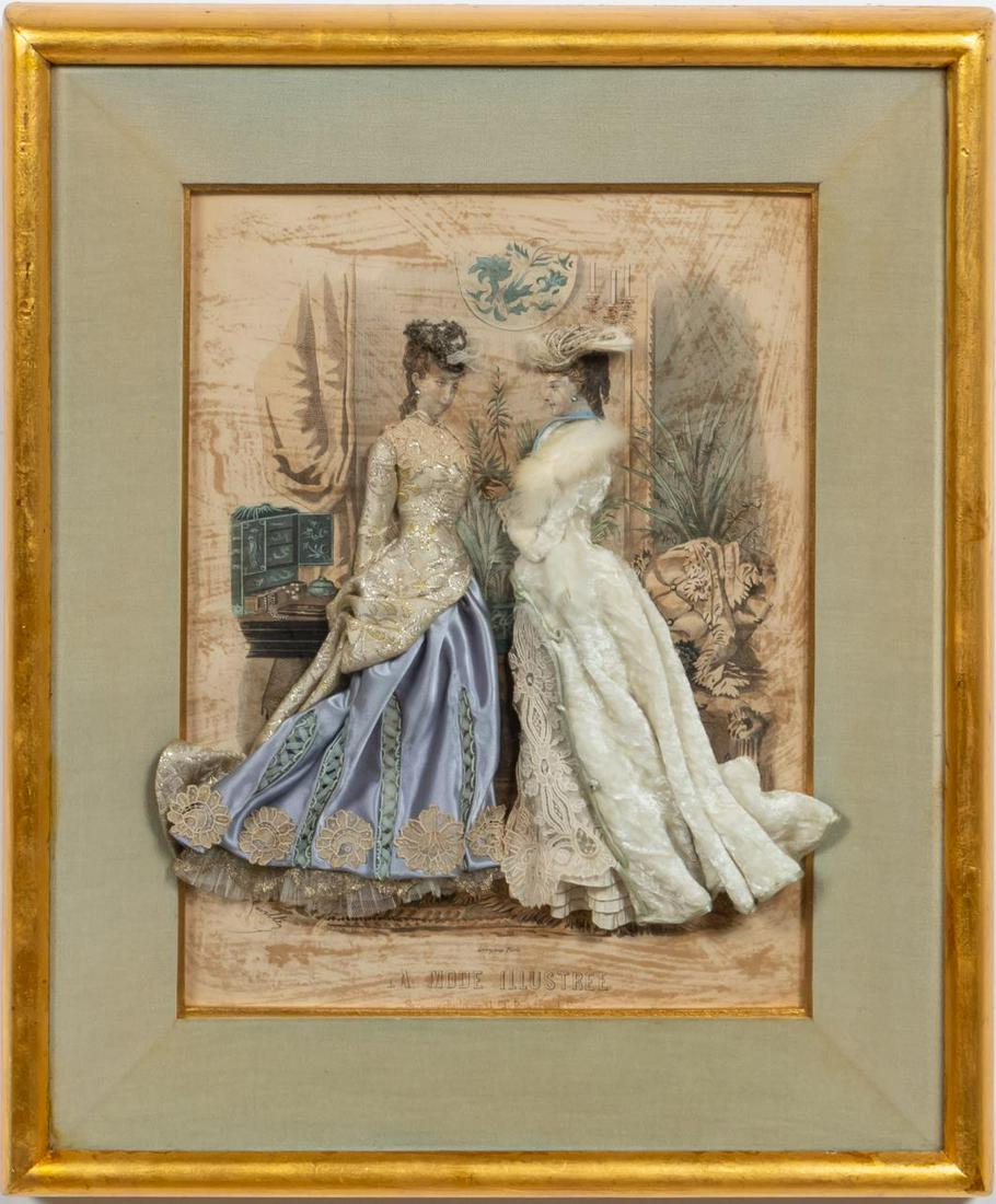 VICTORIAN LA MODE ILLUSTREE HAND EMBELLISHED PRINT: French, 19th century. A La Mode Illustree fashion illustration print hand embellished with fabric, lace, beads and feathers to give a 3D shadow box effect. Marked to lower margin.Approx: 12.75" x 9.5"