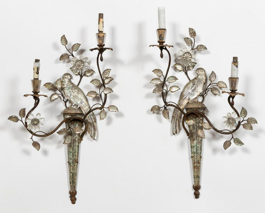 PR. MAISON BAGUES PARROT WALL SCONCES: French, mid-20th century. Pair of Maison Bagues gilt metal, molded and cut crystal 2-light parrot figural wall sconces depicting a perched parrot in profile among a flowering vine supporting two candl