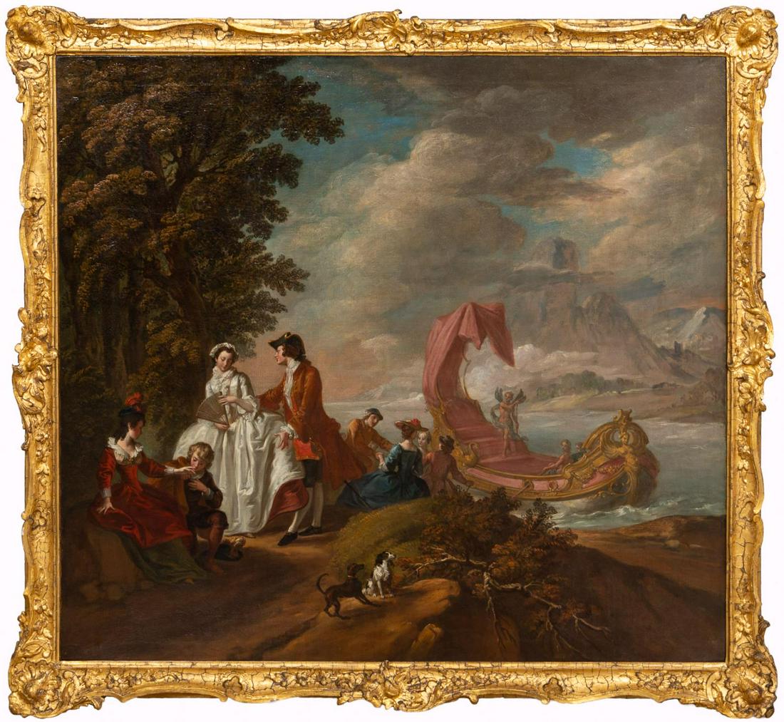 REYSCHOOT, EMBARKATION FOR THE ISLE OF CYTHERA OIL: Petrus Johannes Van Reyschoot (Belgian, 1702-1772). "The Embarkation for the Isle of Cythera" - circa 1720s, oil on canvas, apparently unsigned. Giltwood frame. Note: A companion piece to a smaller ca
