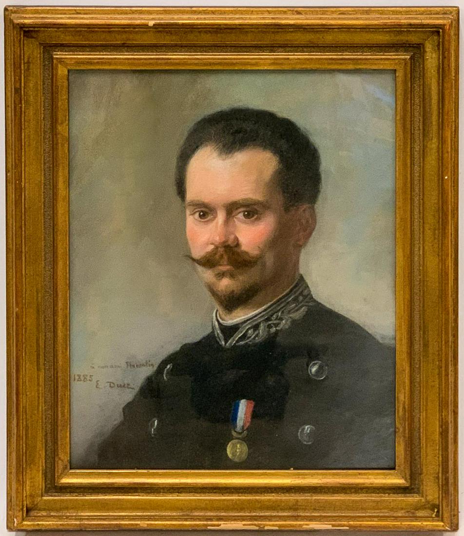 ERNEST DUEZ, PASTEL PORTRAIT OF FERDINAND, C. 1885: Ernest Ange Duez (French, 1843-1896). "Portrait of Ferdinand" - 1885, pastel on paper, signed to lower left "E. Duez - 1885" and marked to verso "Mon Portrait Par Ernest Duez 1885, Ferdinand Florentin