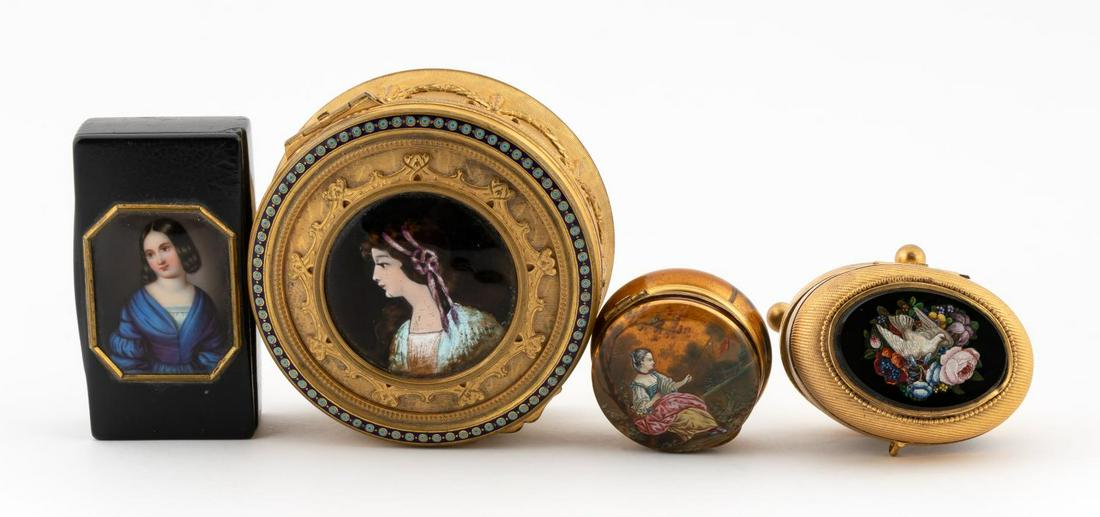 FOUR CONTINENTAL DRESSER BOXES: Continental, late 19th and early 20th century. Comprising a round French gilt brass box with enameled bust portrait of a woman with ribbon-tied hair (approx. h. 2", dia.4"), a French black lacquer snu